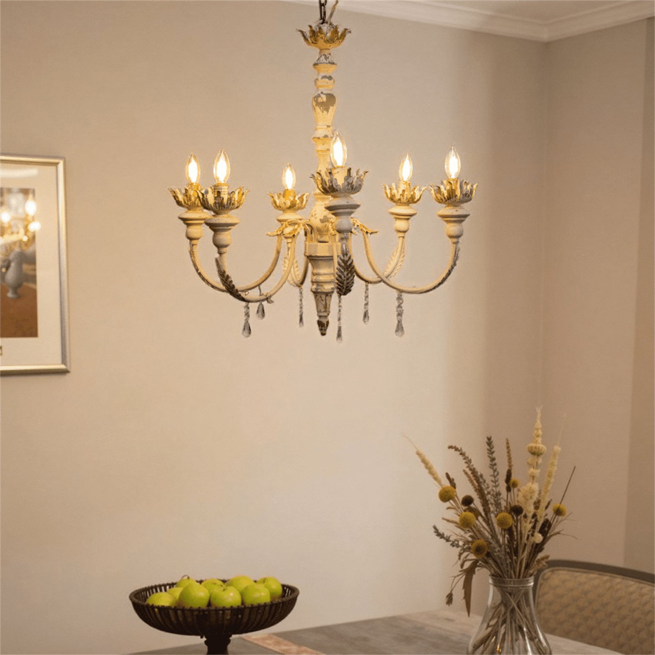 Vintage Distressed White Chandelier with 6 Lights, Elegant Design and