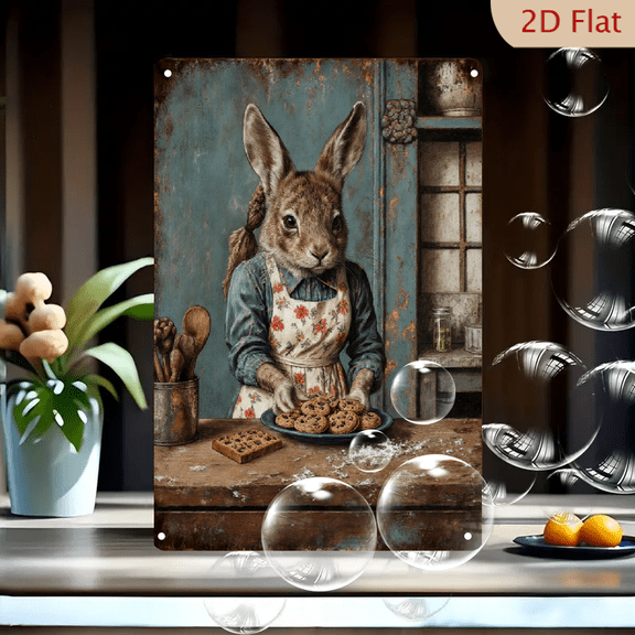 Rustic Vintage Kitchen Rabbit Baking Cookies 8x12 Inches Metal Tin Wall Art, Floral Apron Chocolate Chip Treats, Cozy Home Decor for Farmhouse Living Room