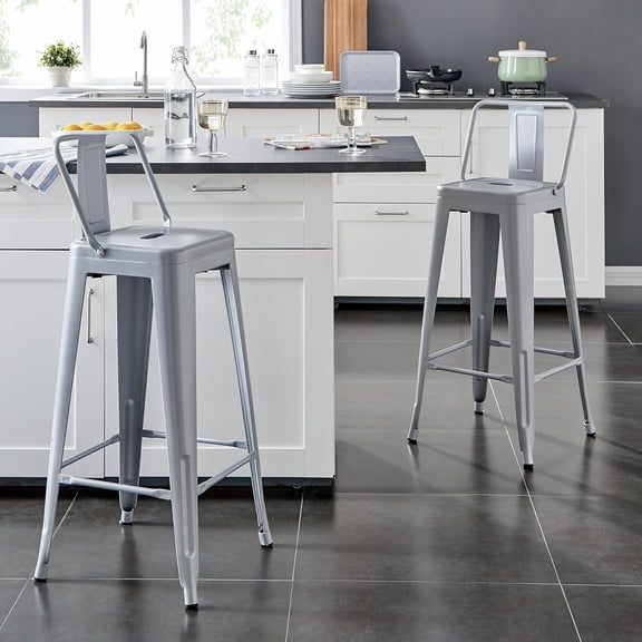 Rustic Vintage Metal Bar Stools (Set of 2) - Lightweight Industrial Design, 30" Seat Height, Distressed White, Bucket Back, 4-Leg Style for Kitchen & Bar