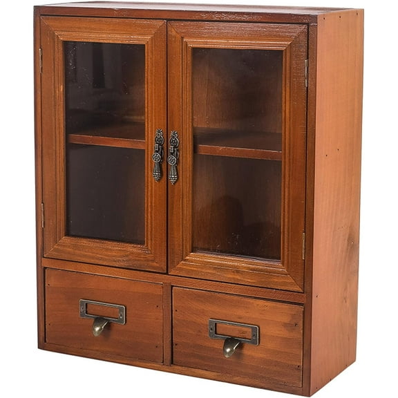 Rustic Vintage Mini Wood Counter Top Cabinet, Wall Mount Pine Display Case, Wall Storage, That Sits on Countertop-Floating Shelf Organization12 x4.7"x14"(Brown)