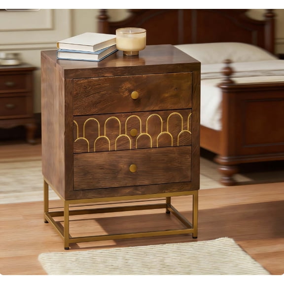 Rustic Vintage Nightstand & Farmhouse Antique Bedside Table with 3 Large Drawers, Solid Mango Wood, Gold Frame