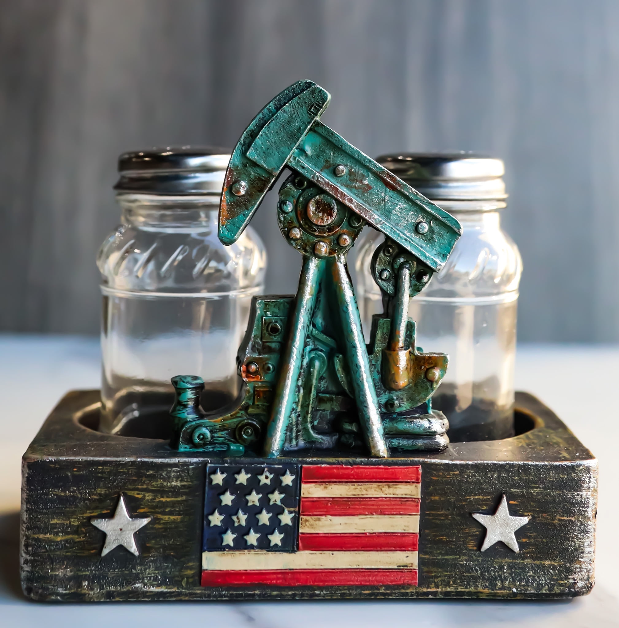 Rustic Oil Derrick Rig Glass Salt and Pepper Shakers