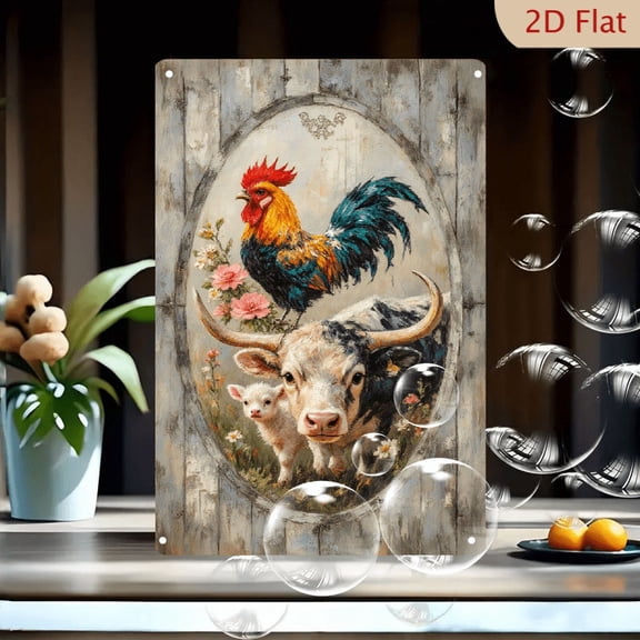 Rustic Vintage Oval Farm Animals Wall Art: Rooster, Cow & Lamb Painting on Metal, 8x12 Inches, Country Decor for Kitchen, Barn, or Living Room with Wildflowers