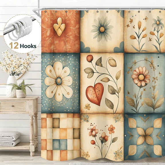 Rustic Vintage Patchwork Floral Shower Curtain, Watercolor Flower Fabric Exquisite Whimsical Shower Curtain Set for Bathroom, Waterproof Cloth Fabric Shower Curtain with Hooks, 36*72in