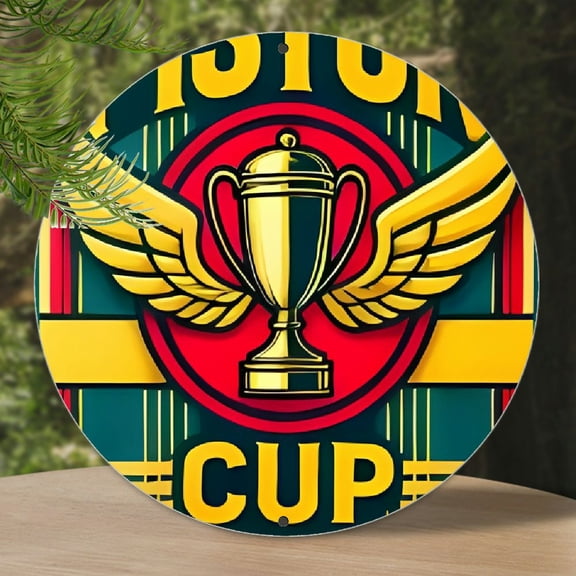 Rustic Vintage Piston Cup Racing Series Metal Sign - 1pc Teal & Yellow Wall Decor with Trophy & Wings Design - Perfect for Home, Bar, Cafe, Garage, Farmhouse, Race Car Room Decor