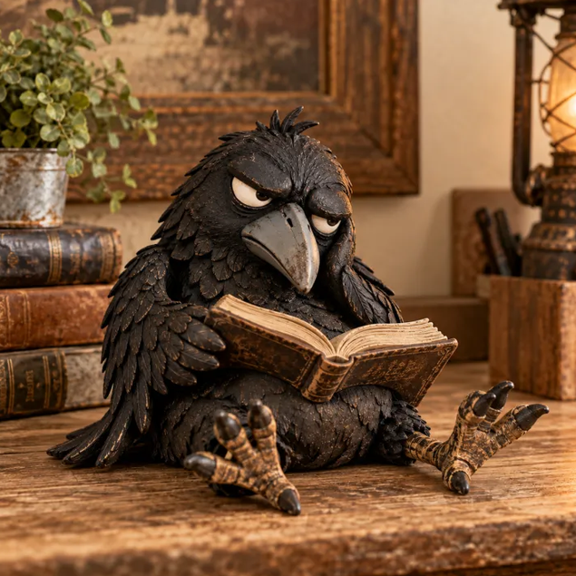 Rustic Vintage Raven Figurine, Grumpy Expression Crow Statue, Playful Desk Accent for Office Workspace Home Interior Decor