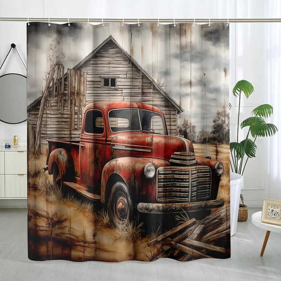 Rustic Vintage Red Truck Shower Curtain, Farm Country Pickup Bath Curtain, Farmhouse Bathroom Decor, Polyester Fabric Waterproof with Hooks 36"W x 72"H