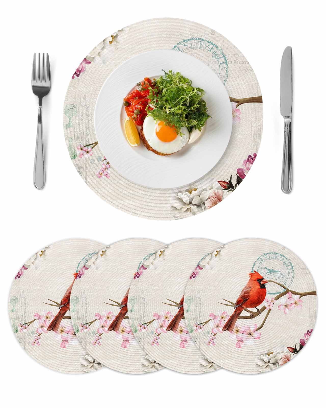 Rustic Vintage Round Table Placemats set of 4, Bird Cherry Blossom ...