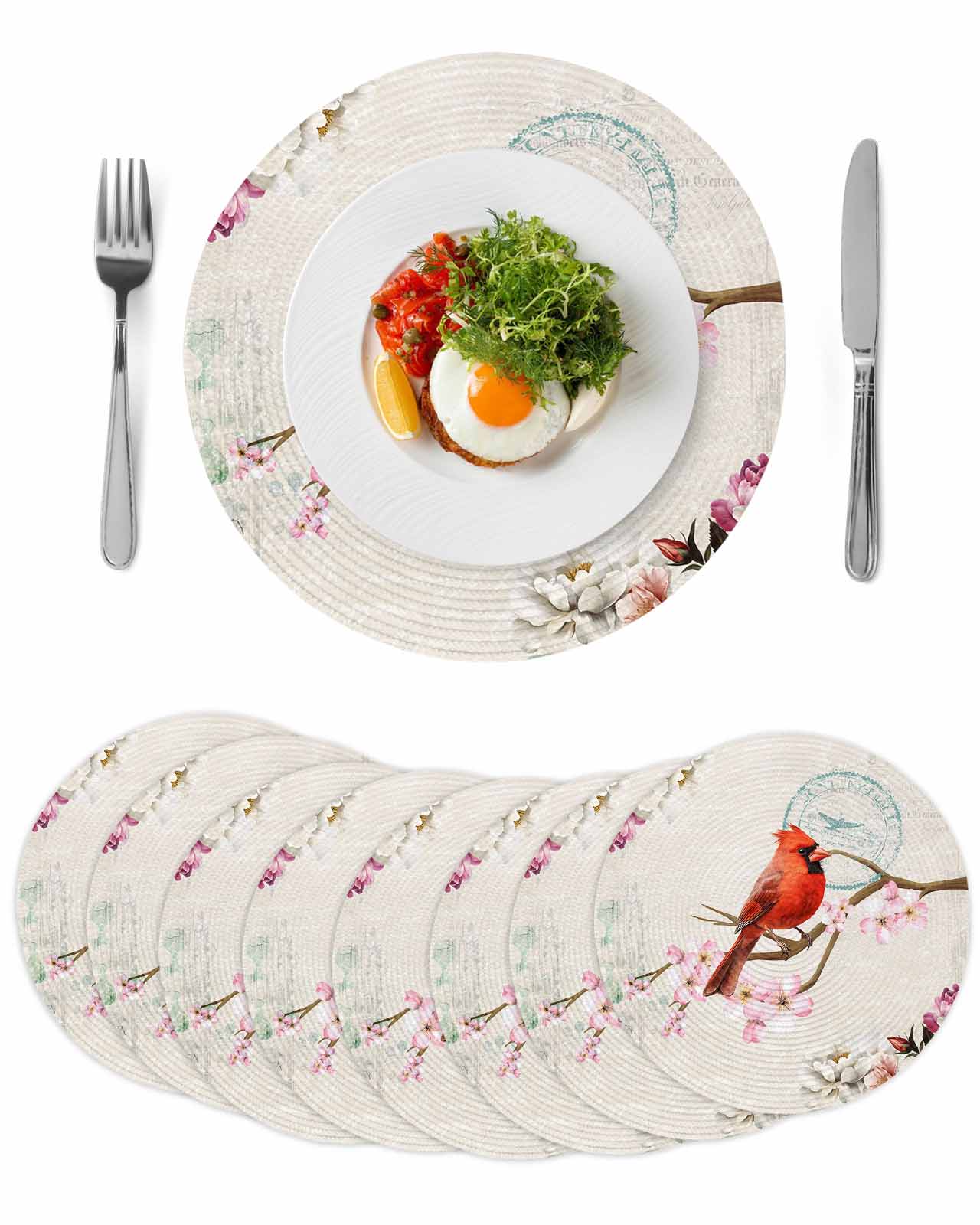 Rustic Vintage Round Table Placemats set of 8, Bird Cherry Blossom ...