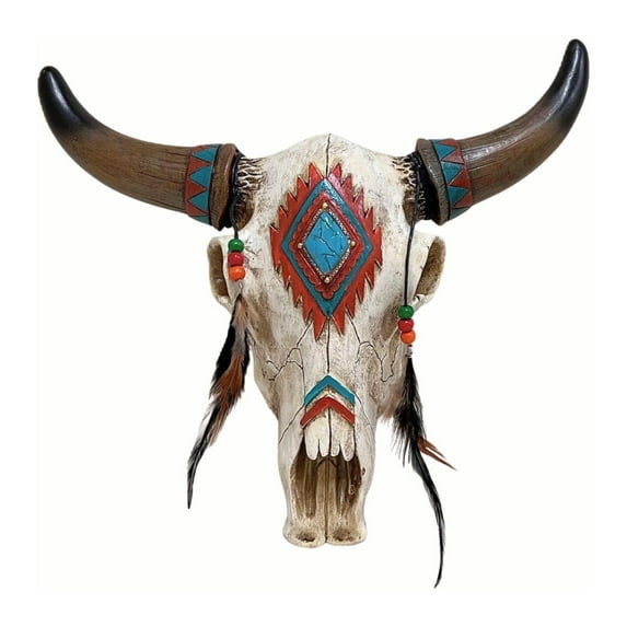 Wall Hanging Rustic Southwest Tribal Style Bull Head Skull with Feathers, Beads & Faux Turquoise Stone- Bull Skull Wall Art for Rustic Home Decor