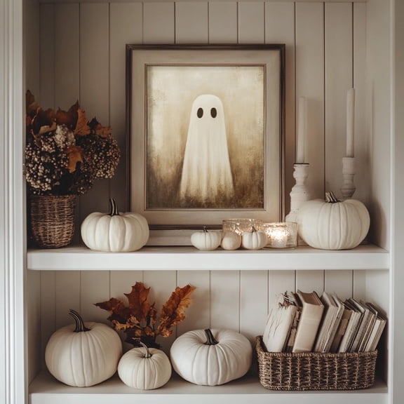 Rustic Vintage Style Ghost Portrait Drawing Muted Halloween Wall Art Simple Primitive Halloween Fall Decor