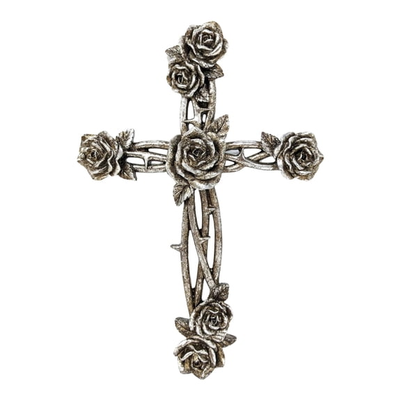 Rustic Vintage Style Resin Silver Tone Rose and Thorn Cross Spiritual Wall Art Décor
