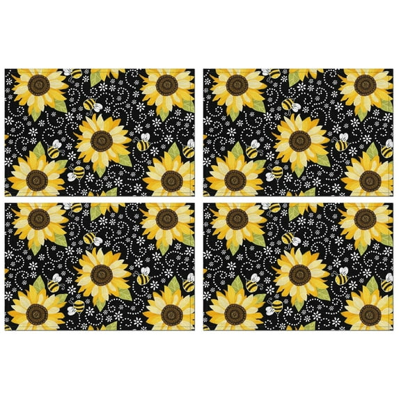 Rustic Vintage Sunflower Placemats Set of 4, 12x18 Inch Boho Floral Table Mats with Bees and Butterflies, Washable Farmhouse Linen Dining Decor, Yellow Country Bloom for Summer Autumn