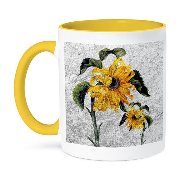 3dRose, Rustic vintage sunflowers on a cracked grunge background to give the impression of texture., 15oz Two-Tone Yellow Mug
