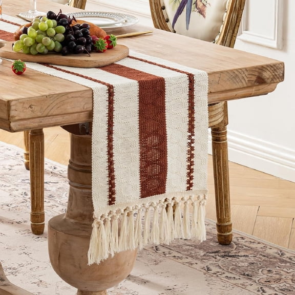 Rustic Vintage Table Runner - 12x71 Inch Cotton Thread Woven Dining Table Cloth, Boho Color-Block Design with Tassels, Elegant Semi-Gloss Decor for Kitchen, Party & Farmhouse
