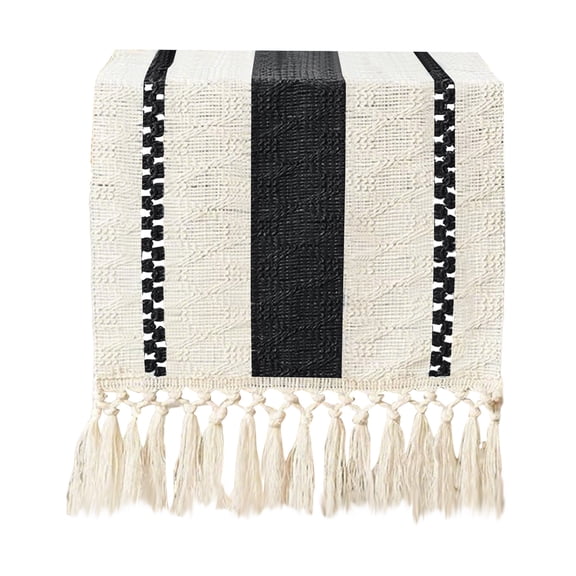 Rustic Vintage Table Runner, Cotton Woven Color Block Tablecloth, Farmhouse Long Strip Dining Decor, 11.8 x 70.9in, Handmade Tassel Buffet Cover