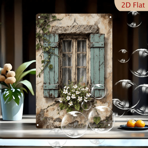 Rustic Vintage Teal Shutters with White Flowers on Stone Wall, 8x12 Inches Metal Tin Art Print for Farmhouse Country Home Decor