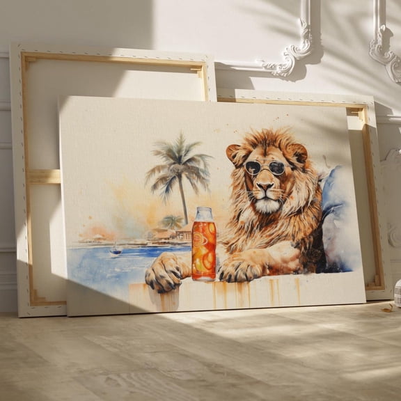 Rustic Vintage Whimsical Lion on Beach Cool Animal Decor Alcohol Ink Style, Unframed Canvas