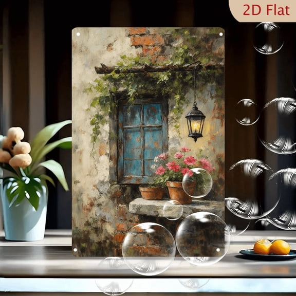 Rustic Vintage Window Wall Art 8x12 Inches Metal Tin Sign, Peeling Plaster Red Brick with Turquoise Frame, Climbing Vines, Pink Geraniums & Glowing Lantern for Farmhouse Home Decor