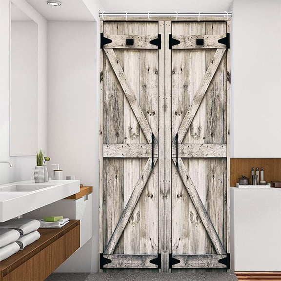 Rustic Vintage Wood Shower Curtain, Farmhouse Country Barn Door Stall Small Shower with 12 Hooks, Waterproof Garage Cabin Half Narrow, 36X72in