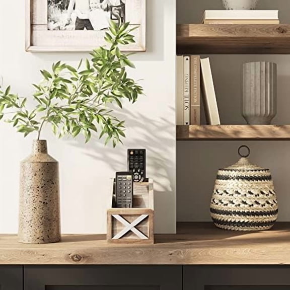 Rustic Vintage Wooden Desk Organizer Remotes Caddy Tabletop Desktop Office Supplies Desk Accessories Holder, 6.75" x 6.5” (White/Brown)