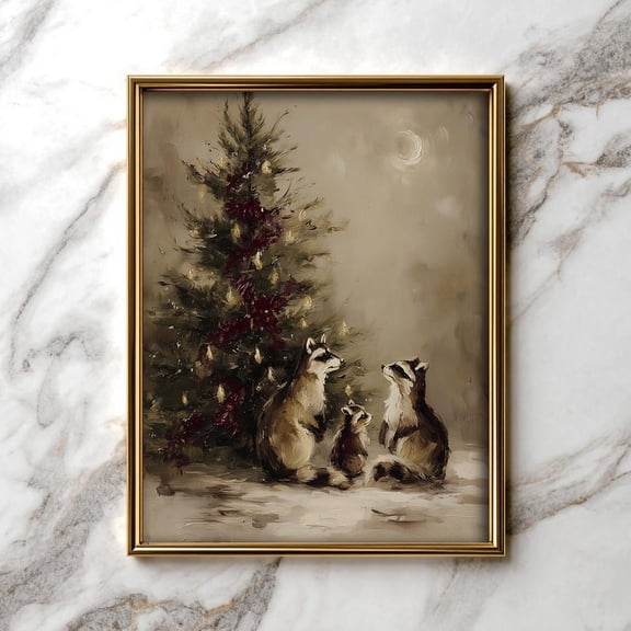 Rustic Vintage Woodland Animals Under Evergreen Tree - Cozy Wall Art, Festive Cottagecore Scene, 37, Unframed Poster Size 8x12