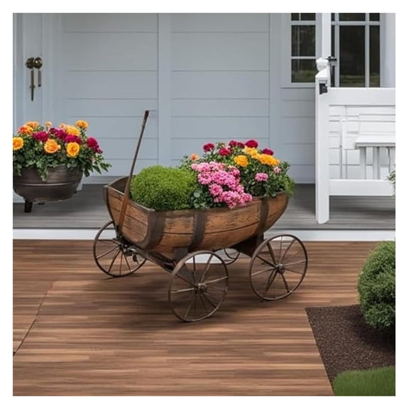Rustic Wagon Planter  Vintage-Style Garden Cart with Faux Wood Finish & Iron Wheels  Weather-Resistant Outdoor Flower Bed Dcor  34" L