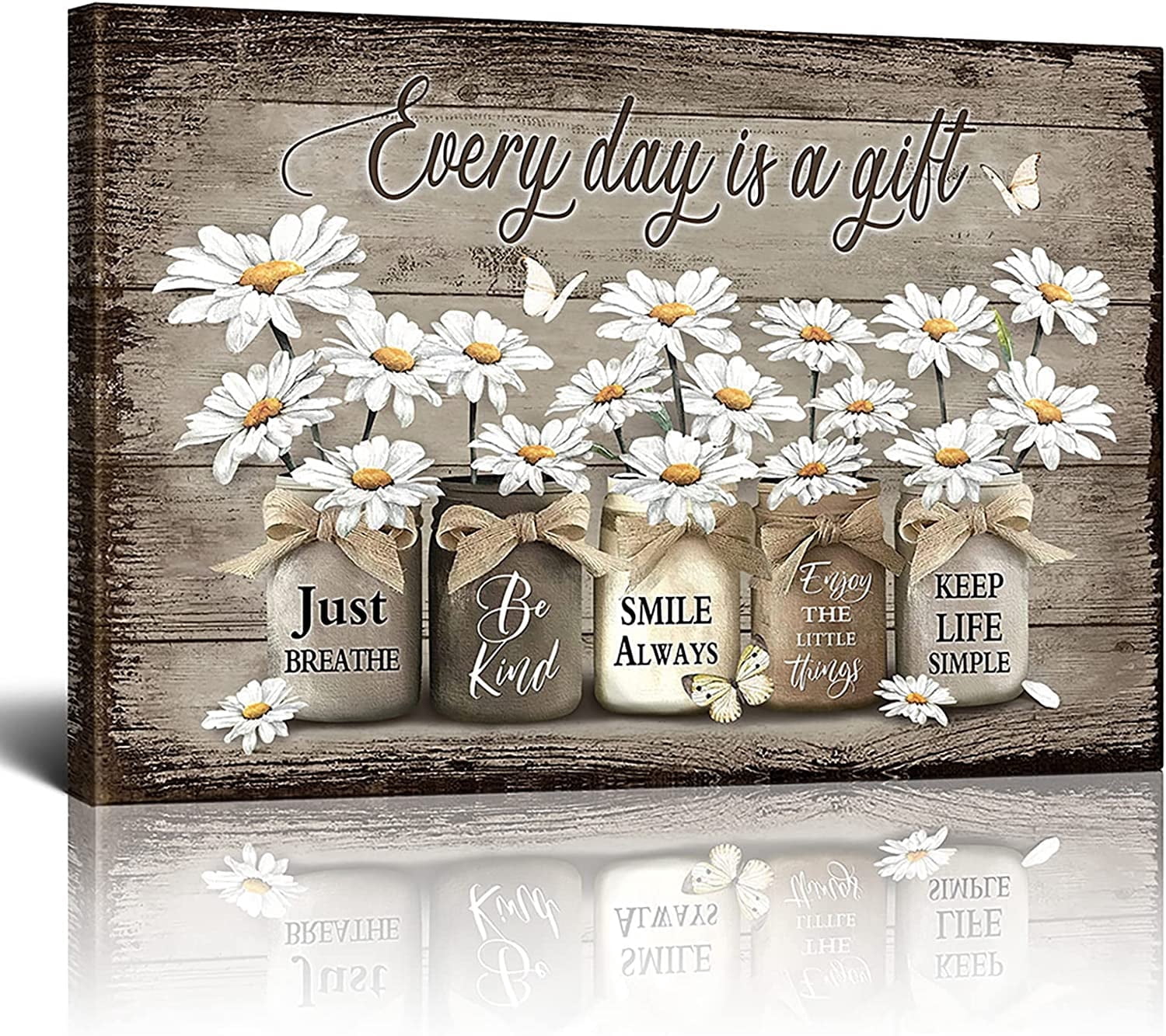Rustic Wall Art Daisy Butterfly Gift Canvas Vintage Floral Wall Art Flowers Inspirational Picture For Bedroom Living Room Bathroom Office Wall Decor Framed Home Decorations Ready To Hang 12x16 Inch