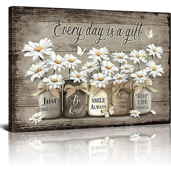 Rustic Wall Art Daisy Butterfly Gift Canvas Vintage Floral Wall Art Flowers Inspirational Picture For Bedroom Living Room Bathroom Office Wall Decor Framed Home Decorations Ready To Hang 12x16 Inch