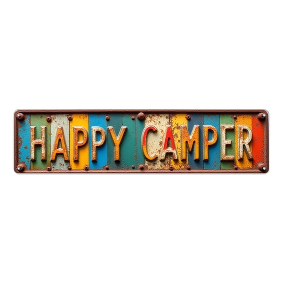 Rustic Wall Decor 16*4 inches "Happy Camper" Vintage Rusty Finish Colorful Stripes tin signs