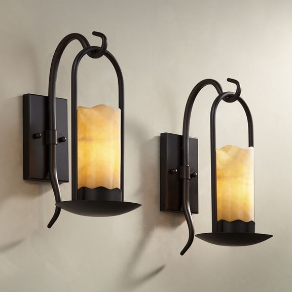 Rustic Wall Light Sconces Set of 2 Espresso Bronze Hardwire 6 1/2" Fixture Faux Candle for Bedroom Bedside Living Room Hallway