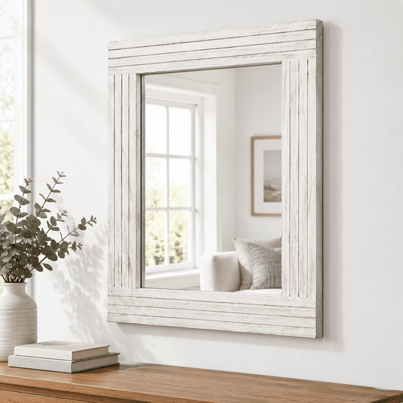 Rustic Wall Mirror - Rectangular Antique Wooden Frame Farmhouse Bedroom & Entryway Large White 20" X 16"