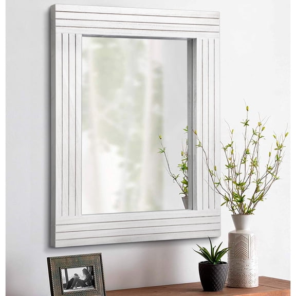 Rustic Wall Mirror - Rectangular Antique Wooden Frame - Farmhouse Bedroom & Entryway - Large White - 20" x 16"