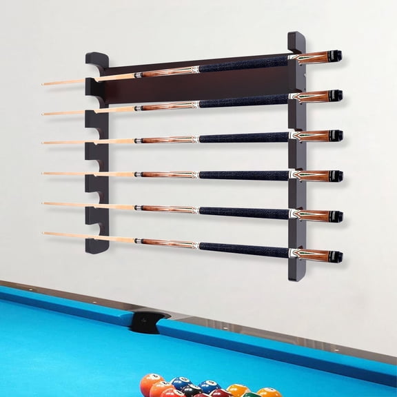 Rustic Wall-Mounted Billiard Cue Rack for 6 Pool Sticks, Dark Brown