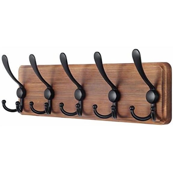 Rustic Wall Mounted Coat Rack: 16" Hole to Hole, Pine Real Wood Plank Wall Coat Rack with 5 Triple Hooks, Farmhouse Coat Hanger Wall Mount for Hanging Backpack Jacket Coat Hat