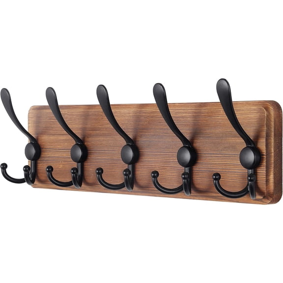 Rustic Wall Mounted Coat Rack: 16" Hole to Hole, Pine Real Wood Plank Wall Coat Rack with 5 Triple Hooks, Farmhouse Coat Hanger Wall Mount for Hanging Backpack Jacket Coat Hat