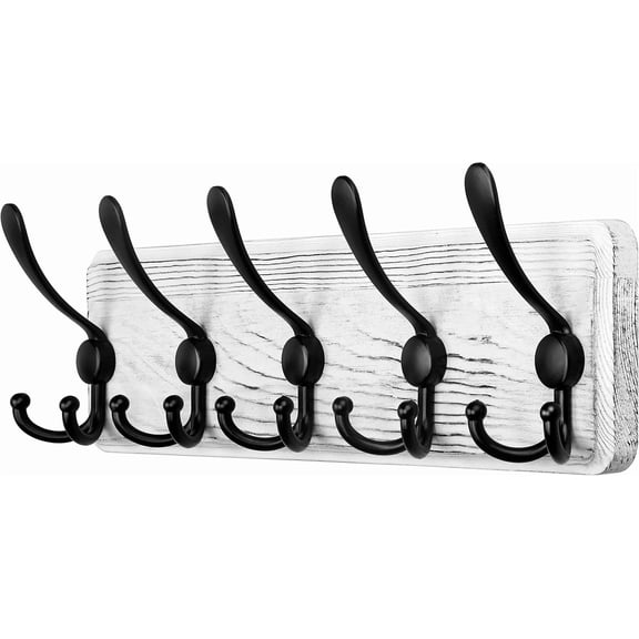 Rustic Wall Mounted Coat Rack, 17" Solid Wood Coat Hook Rack with 5 Triple Hooks, White Farmhouse Entryway Organizer for Coats Hats Bags, Heavy Duty Wooden Wall Hanger for Bedroom Living Room