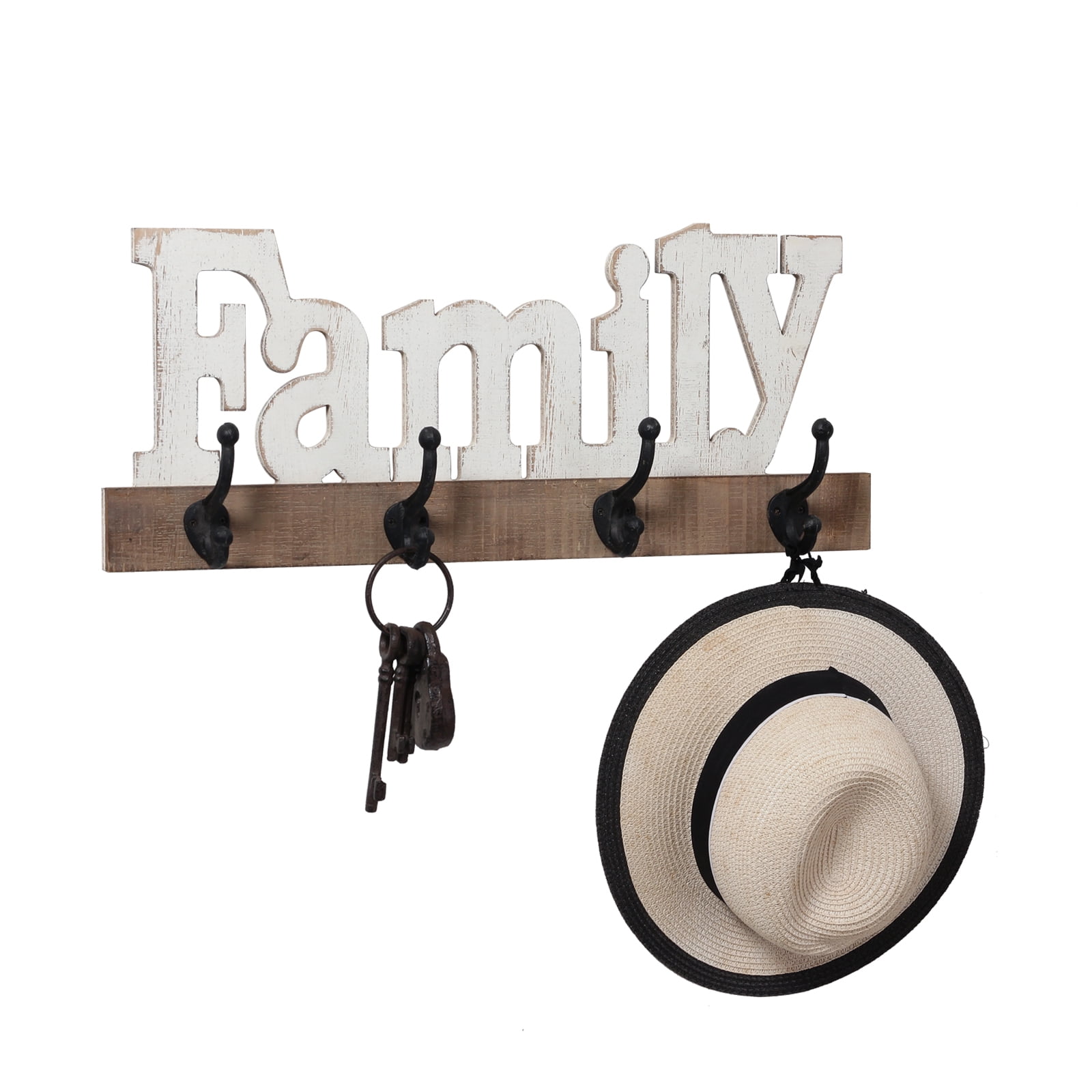 Rustic Wall Mounted Coat Rack 24", Hanging Wooden Family Sign with 4