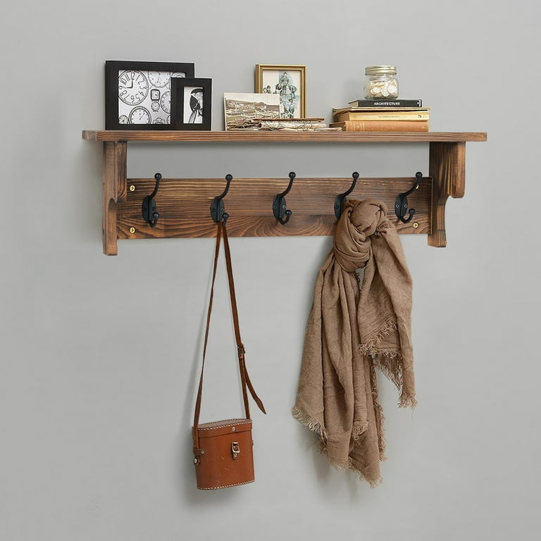 Rustic Wall Mounted Coat Rack 26 Inch Pinewood Entryway Floating Coat Hanger with 5 Dual Hooks and Storage Shelf for Living Room Bathroom Brown