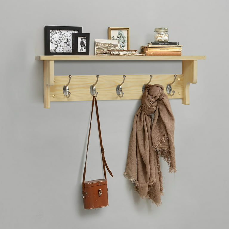 Wooden Entryway Coat Rack With Hooks, Rustic Wooden Shelf