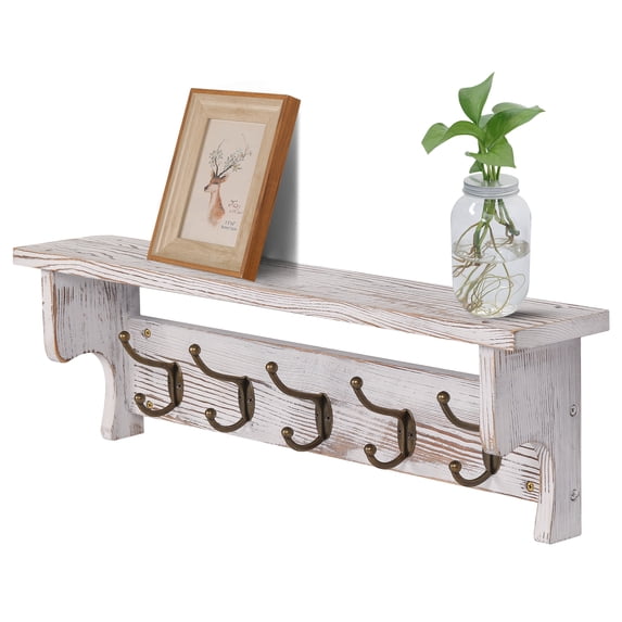 Rustic Wall Mounted Coat Rack, 26 Inch Pinewood Entryway Floating Coat Hanger with 5 Dual Hooks and Storage Shelf for Living Room Bathroom, White