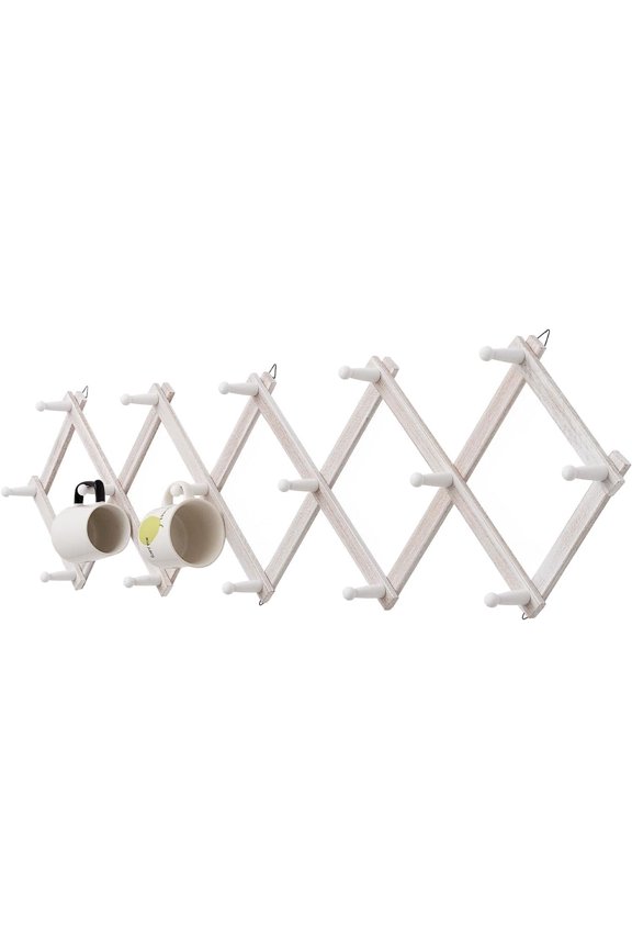 Rustic Wall Mounted Coat Rack with Space Saving Accordion Design, Expandable Wall Mount Coat Rack with 16 Wood Hooks, Modern Farmhouse Wall Décor for Living Room, Entryway(Shabby White)