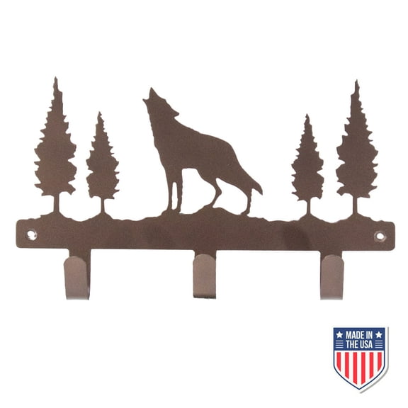 Rustic Wall-Mounted Coat Rack with Wolf and Tree Silhouette Durable Metal Organizer with 3 Hooks for Coats, Keys, and Hats, Perfect for Entryways, Mudrooms, and Cabin Decor