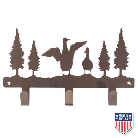 Rustic Wall-Mounted Coat Rack - 3 Hooks, Brown Metal w/ Geese & Tree Design for Entryway