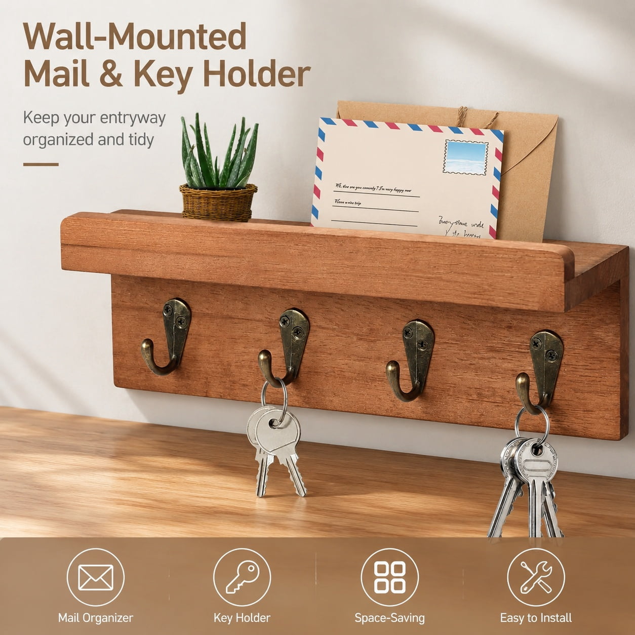 Rustic Wall Mounted Key Holder with 4 Hooks, Wooden Farmhouse Mail ...