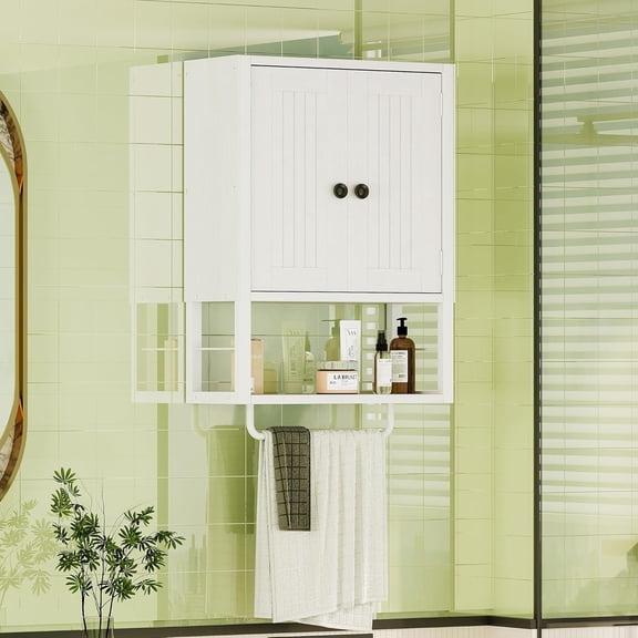 Rustic Wall Mounted Medicine Cabinet, White Wood Storage Cabinet with Two Barn Doors, Shelf and Towel Bar for Bathroom, Living Room, Kitchen, White