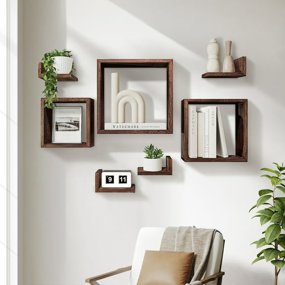 Rustic Wall Mounted Square Shaped Floating Shelves Set of 7 Brown