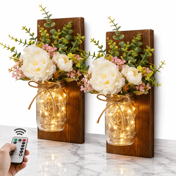 Rustic Wall Sconces Peony+brown Board Mason Jar Handmade Art Hanging Design