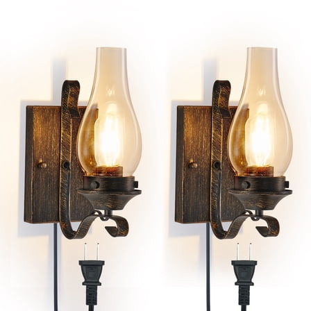 Rustic Wall Sconces Set of 2, Farmhouse 2-in-1 Plug In or Hardwired Wall Light with Amber Glass, Vintage Kerosene Lamp Design in Oil Rubbed Bronze for Bedroom, E26 Base