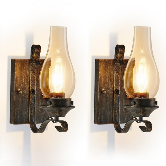 Rustic Wall Sconces Set of 2, Farmhouse Hardwired Wall Light with Amber Glass Shade, Vintage Kerosene Lamp Design in Oil Rubbed Bronze for Bedroom, Hallway, E26 Base